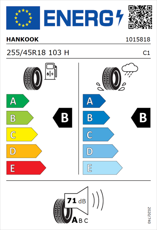 Tyre Label for Hankook Ventus Prime 2 K115 255/45R18 103H