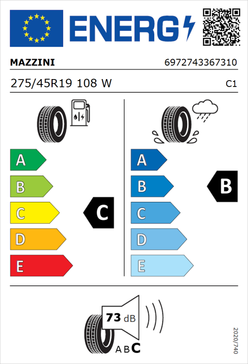 Tyre Label for Mazzini Eco 602 275/45R19 108W